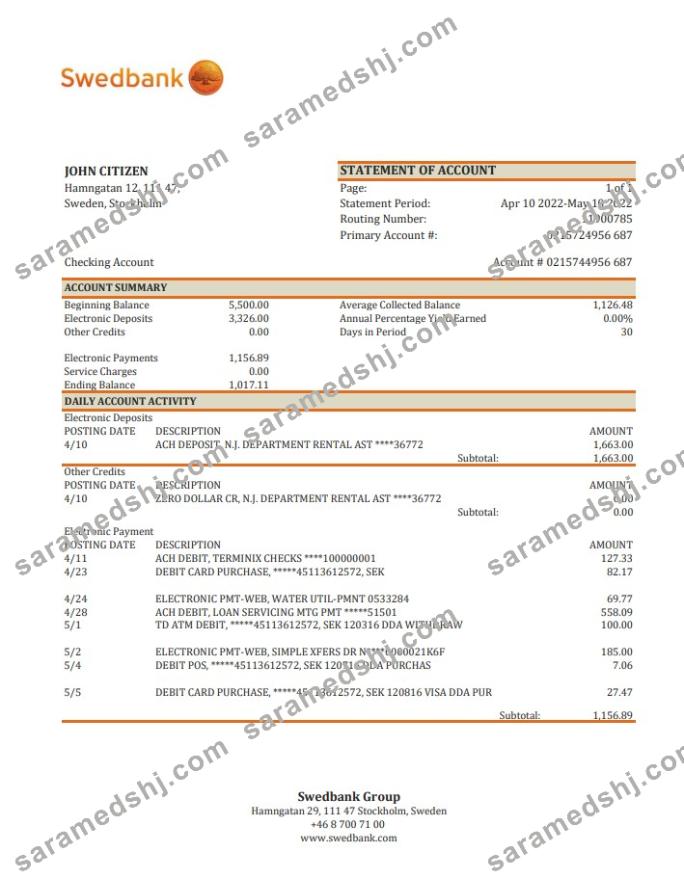 Sweden Swedbank bank statement xls